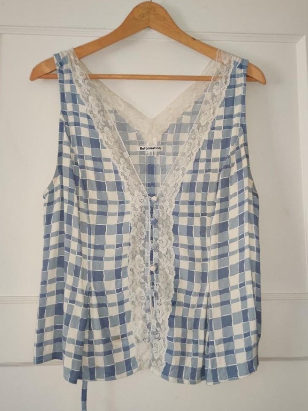 Reformation Light Blue Gingham Lace-Trim Tank - Picture 2 of 5